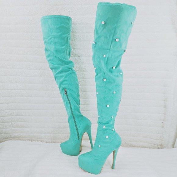 Mint Green Faux Stretch Suede Platform High Heel Thigh High Boots - Picture 3 of 16
